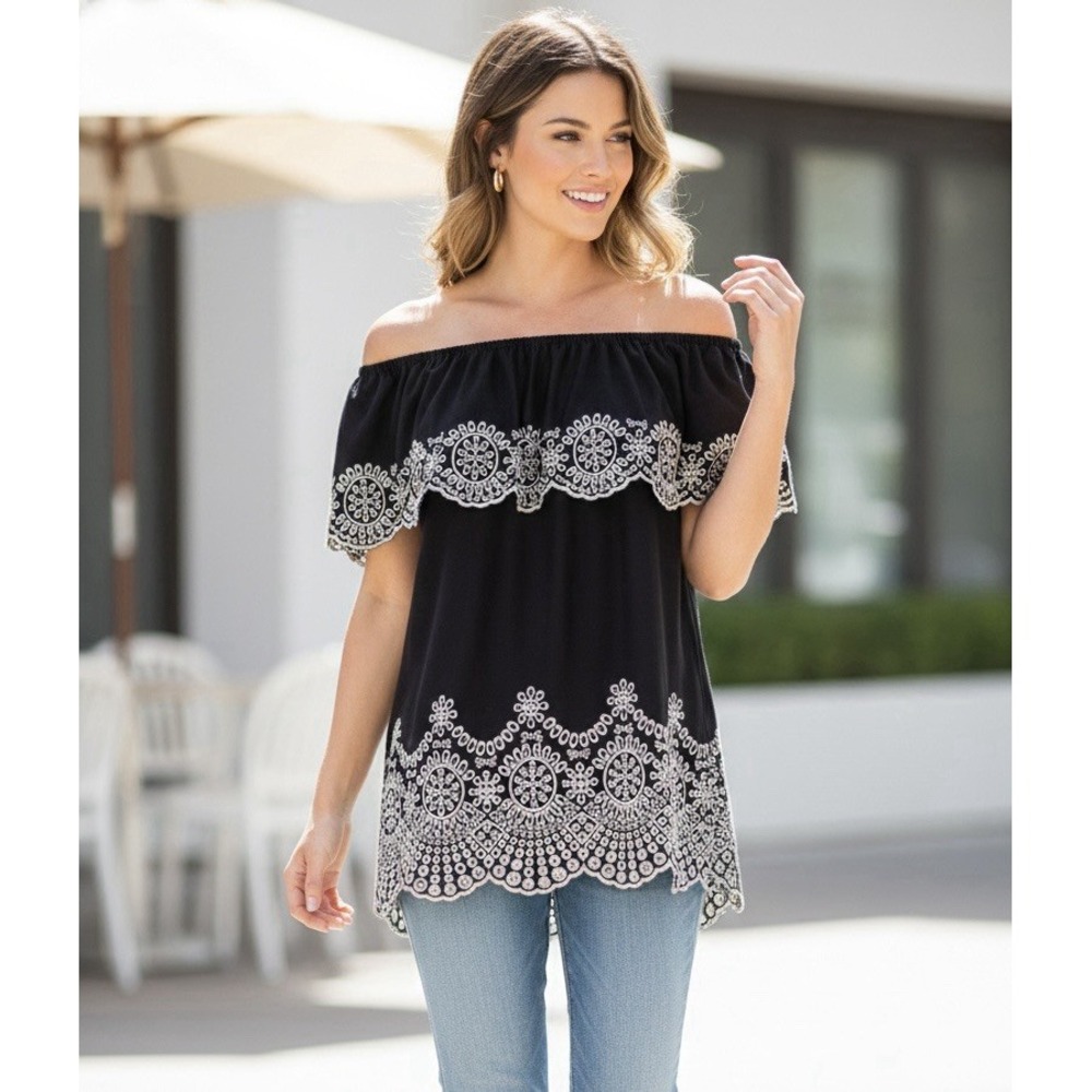 Fever Women Black‎ White Eyelet Embroidered Off The Shoulder Boho Blouse Large
